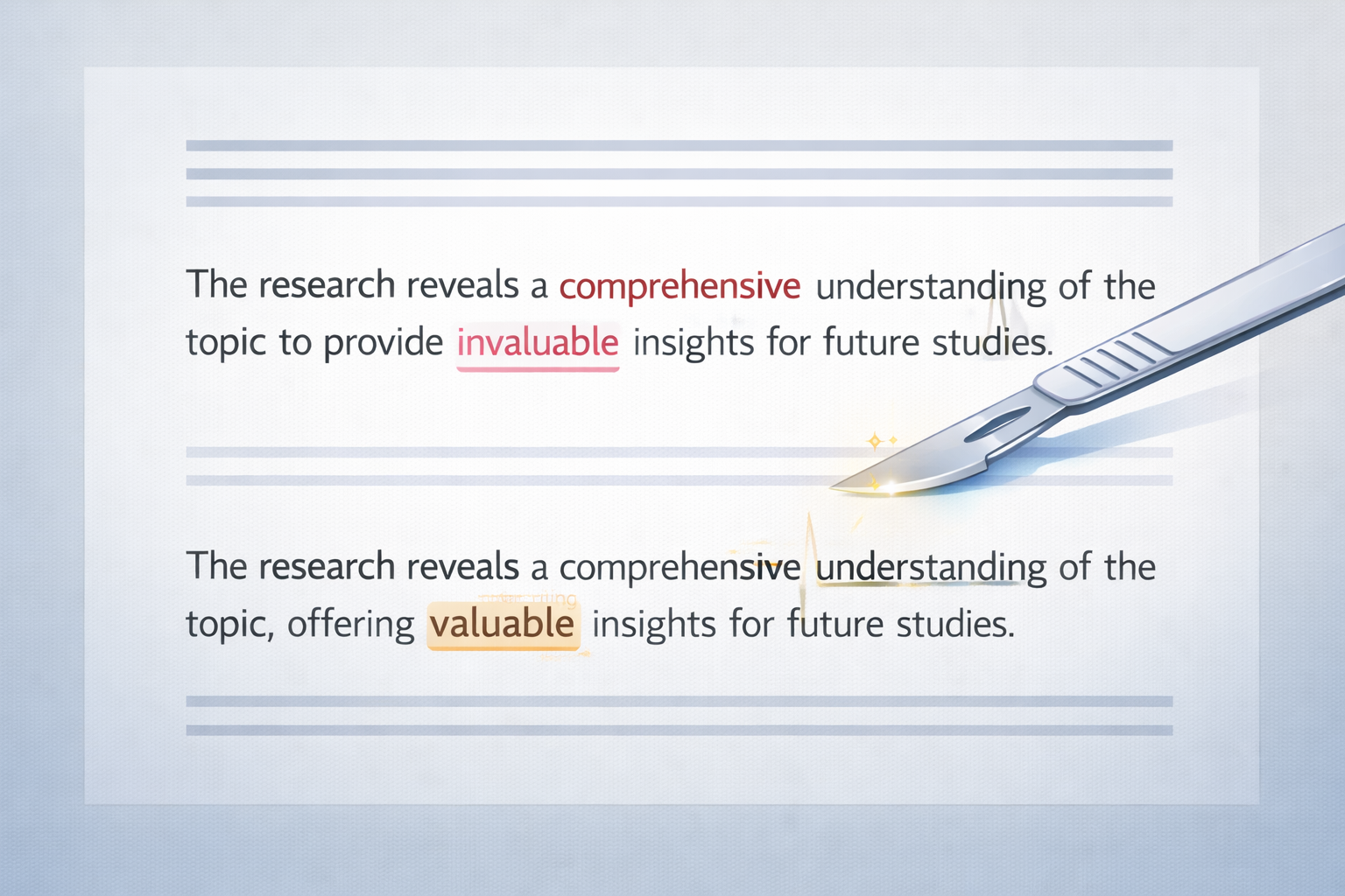 Conceptual illustration of surgical scalpel precisely refining a paragraph on digital screen, showing before and after text with targeted improvements